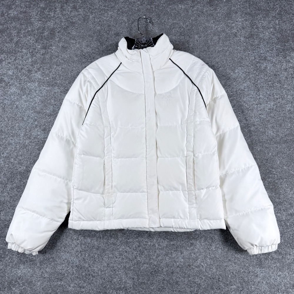Vintage Adidas Women's Small White Puffer Jacket Y2K 2006 Black Trim Winter Coat
